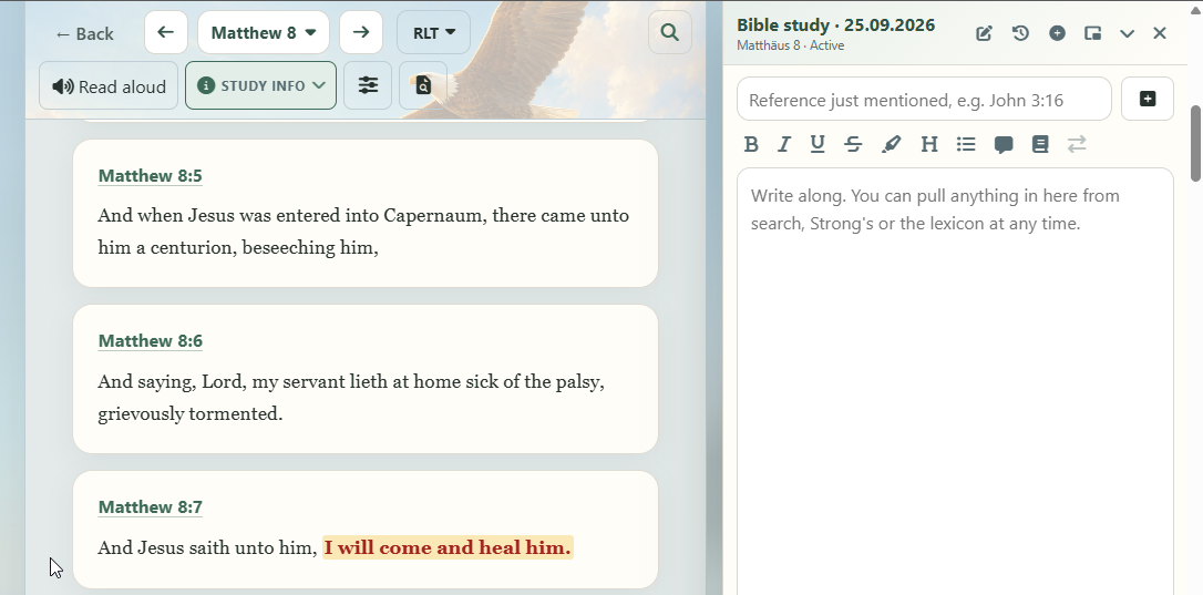 Live notes docked next to a Bible chapter
