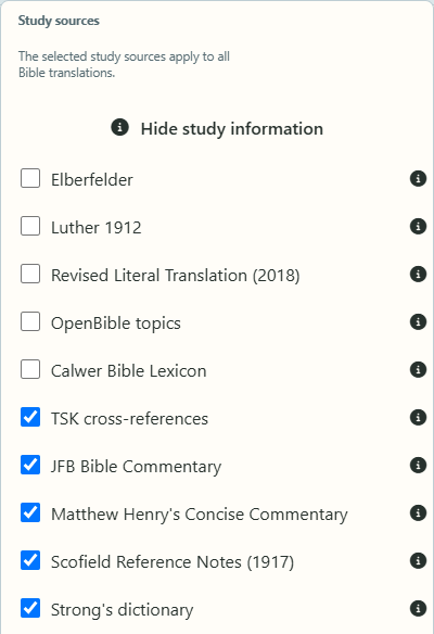 Choosing study sources in the reading bar