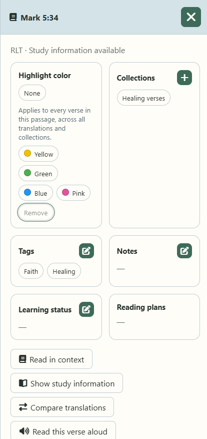 Overview of a Bible passage with collections, notes and learning status