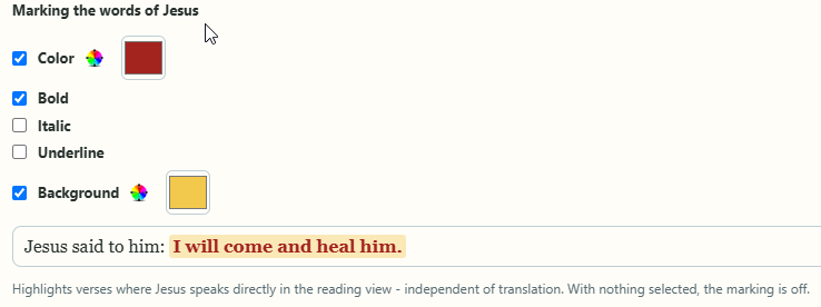Settings for marking the words of Jesus with preview
